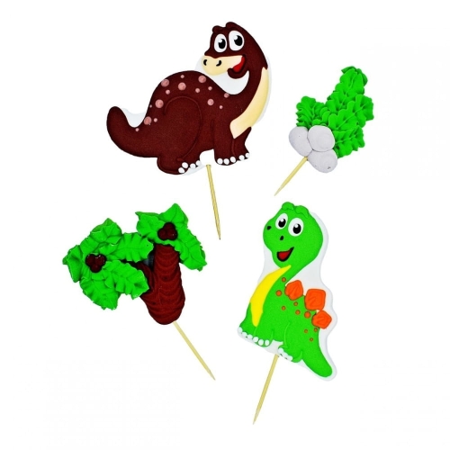 Dinozaury 2d zielony brązowy cukrowe na tort pikery 4szt