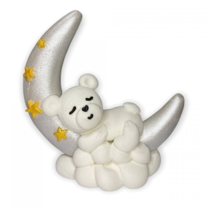 Śpiący miś na księżycu biały figurka cukrowa na tort