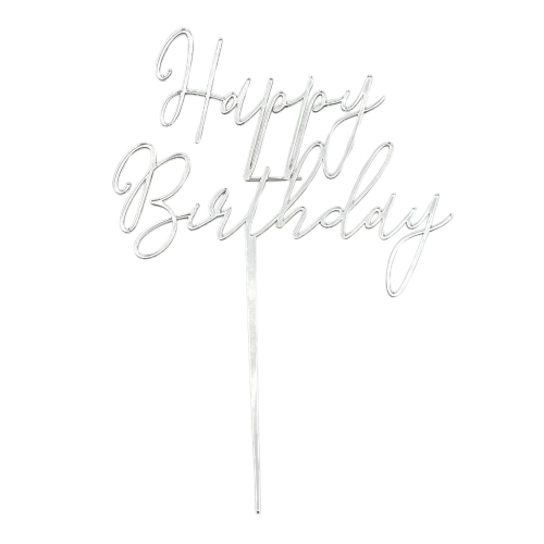 Topper Happy Birthday Srebrny napis nowoczesny 15cm