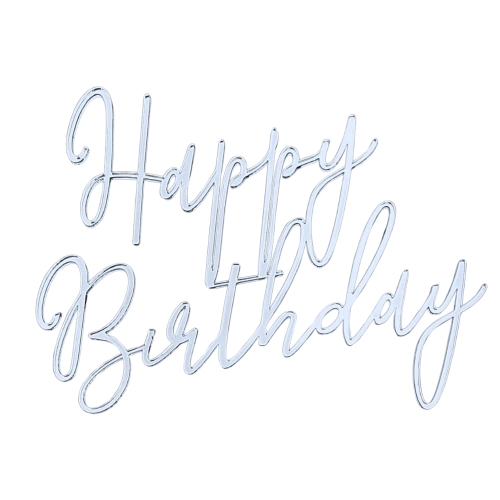 Topper na bok tortu Happy Birthday Srebrny napis 15cm