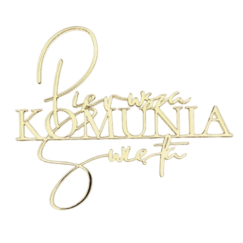Topper na boku tortu Pierwsza KOMUNIA Święta Złoty 12x10cm