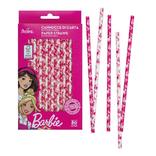 Słomki papierowe Decora 6x210mm biało różowe Barbie 80szt