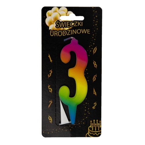 Świeczka na tort Cyfra 3 tęczowa UV Kolorowa 10,5cm