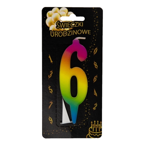 Świeczka na tort Cyfra 6 tęczowa UV Kolorowa 10,5cm