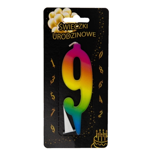 Świeczka na tort Cyfra 9 tęczowa UV Kolorowa 10,5cm