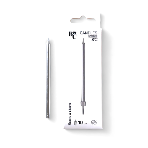 Świeczki urodzinowe na tort Metaliczne Srebrne 10cm 8szt