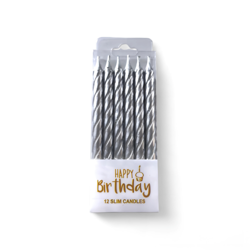 Świeczki urodzinowe na tort Zakręcone Srebrne 8cm 12szt