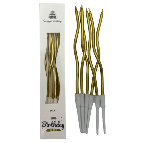 Świeczki urodzinowe na tort Faliste Złote metalik 15cm 6szt
