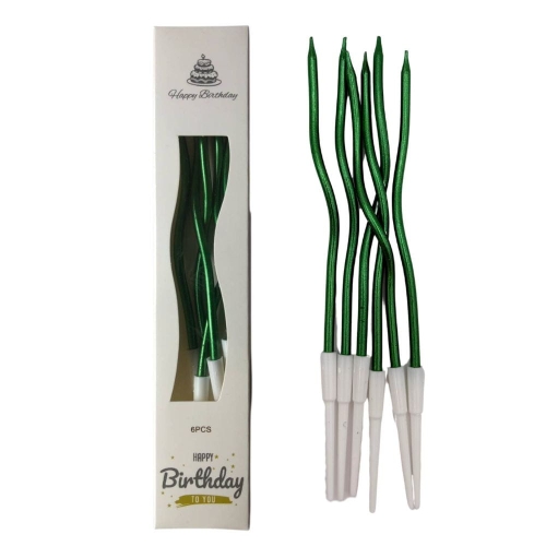 Świeczki urodzinowe na tort Faliste Zielone metalik 15cm 6szt