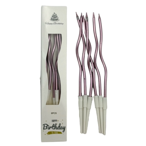 Świeczki urodzinowe na tort Faliste Różowe metalik 15cm 6szt