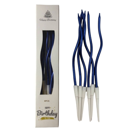 Świeczki urodzinowe na tort Faliste Niebieskie metalik 15cm 6szt