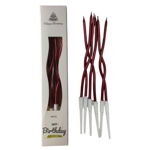 Świeczki urodzinowe na tort Faliste Czerwone metalik 15cm 6szt