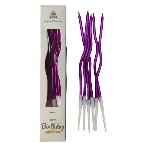 Świeczki urodzinowe na tort Faliste Fioletowe metalik 15cm 6szt
