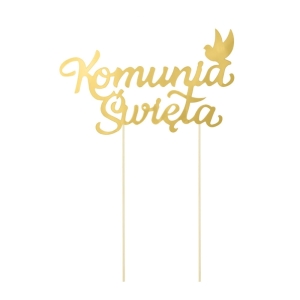 Topper na tort Komunia Święta z gołąbkiem Złoty 16cm