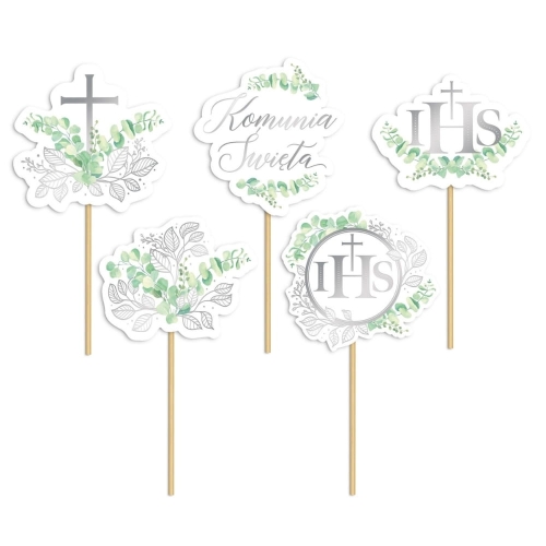 Toppery na tort komunijny IHS srebrny zestaw Eukaliptus 5szt