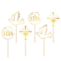 Toppery na tort komunijny IHS gołąbek kielich zestaw Złoty 6szt