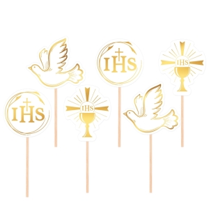 Toppery na tort komunijny IHS gołąbek kielich zestaw Złoty 6szt