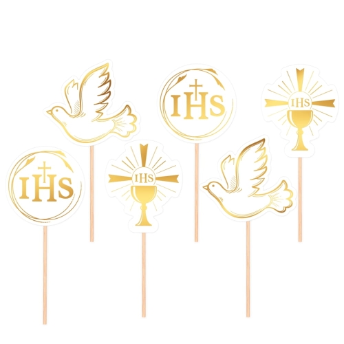 Toppery na tort komunijny IHS gołąbek kielich zestaw Złoty 6szt
