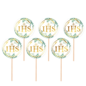Toppery na babeczki komunijne Złoty IHS z gałązką 6szt