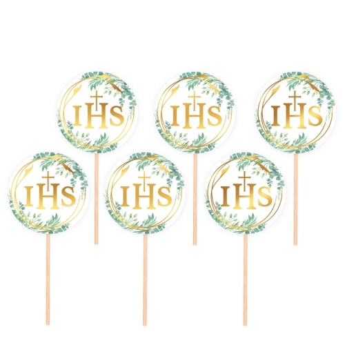 Toppery na babeczki komunijne Złoty IHS z gałązką 6szt