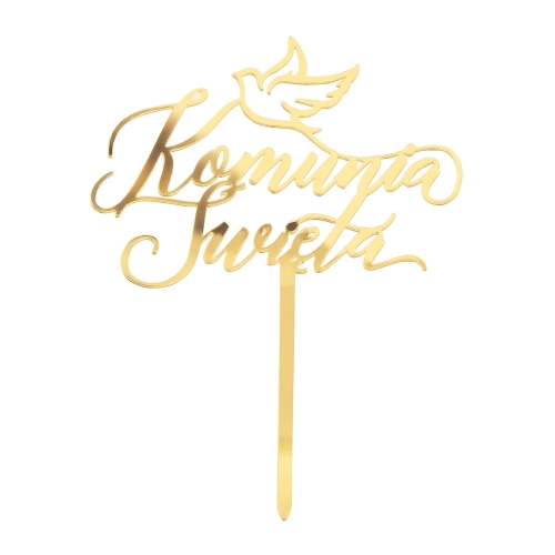 Topper na tort Komunia Święta Złoty lustrzany napis z gołąbkiem