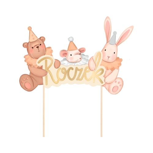 Topper na tort napis Roczek i urodzinowe zwierzątka 15,5cm