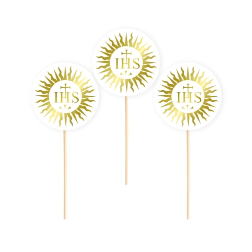 Białe toppery IHS na babeczki na Komunię