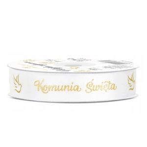 Tasiemka ozdobna satynowa Komunia biało-złota 15mm x 20m