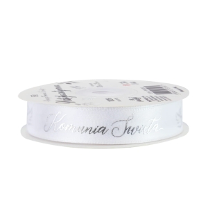 Tasiemka ozdobna satynowa Komunia biało-srebrna 15mm x 20m