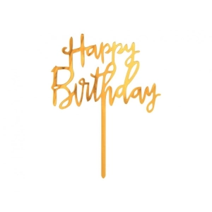 Topper na tort napis Happy Birthday Złoty akrylowy 14x10cm