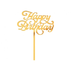 Topper na tort napis Happy Birthday Złoty akrylowy 15x11cm