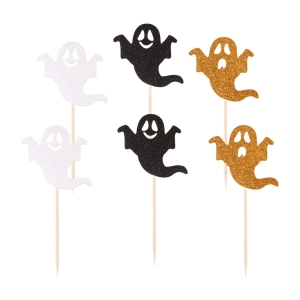 Toppery na tort Halloween złote czarne białe Duszki zestaw 6szt