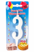 Świeczka na tort Cyfra 3 biała wys. 10,5cm