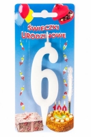 Świeczka na tort Cyfra 6 biała wys. 10,5cm