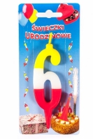 Świeczka na tort Cyfra 6 tęczowa wys. 10,5cm