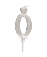 Świeczka na tort Cyfra 0 brokat perłowo Srebrna