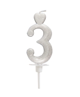 Świeczka na tort Cyfra 3 brokat perłowo Srebrna