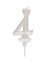 Świeczka na tort Cyfra 4 brokat perłowo Srebrna