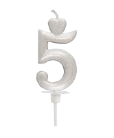 Świeczka na tort Cyfra 5 brokat perłowo Srebrna