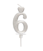 Świeczka na tort Cyfra 6 brokat perłowo Srebrna