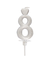 Świeczka na tort Cyfra 8 brokat perłowo Srebrna
