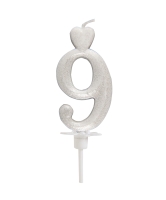 Świeczka na tort Cyfra 9 brokat perłowo Srebrna