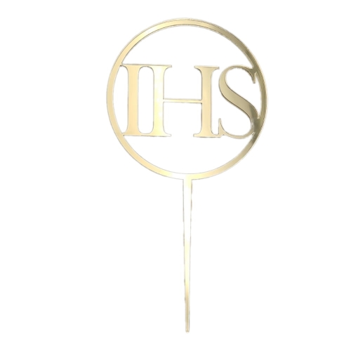 Topper na tort komunijny IHS i obręcz Złoty lustrzany 10cm