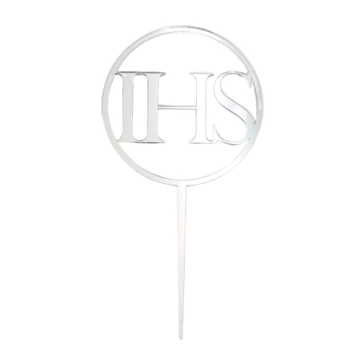 Topper na tort komunijny IHS i obręcz Srebrny lustrzany 10cm