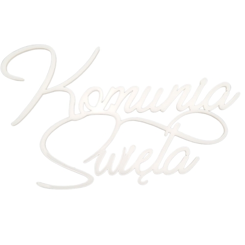 Topper na boku tortu Komunia Święta z zawijasem Biały 12x7cm