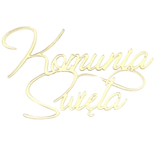 Topper na boku tortu Komunia Święta z zawijasem Złoty 12x7cm