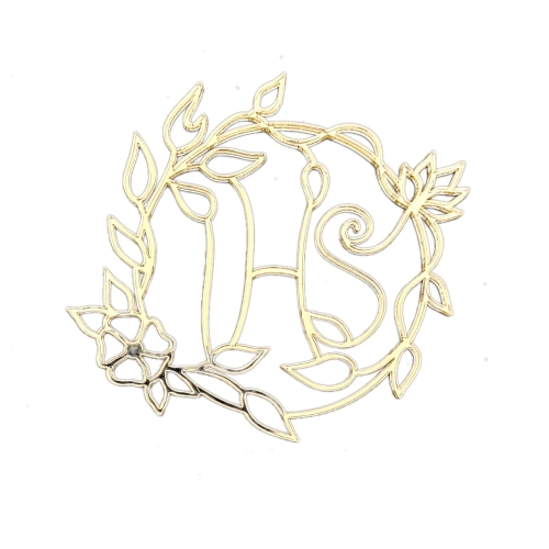 Topper na boku tortu Komunia Złoty IHS w obręczy z liści 8x9cm