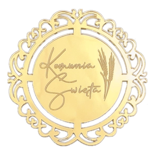 Topper na bok tortu Komunia Święta Hostia Złoty lustrzany 8cm