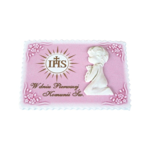 Tabliczka komunijna różowa figurka cukrowa na tort